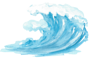A watercolor painting of a large ocean wave crashing, depicted in shades of blue and white.