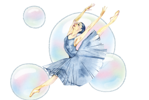 A graceful ballerina in mid-leap, dressed in a flowing blue dress, surrounded by delicate, colorful bubbles.
