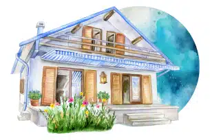 Illustration of a cozy home with flowers in the front garden.