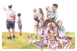 A warm illustration of families enjoying a peaceful day outdoors.