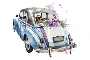 A vintage car decorated with flowers, ready for a wedding celebration.