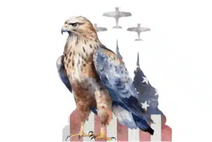 A majestic eagle stands in front of an American flag background with silhouettes of vintage military planes flying overhead.