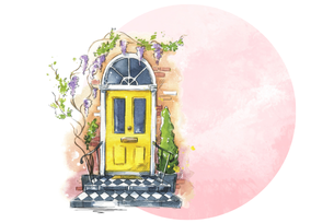 A watercolor illustration of a bright yellow front door with flowers and greenery surrounding it, evoking a warm welcome.